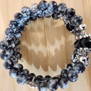 Hand Crafted Bracelet Memory Wire Wrap Coil Gray Black Silver Fits Most